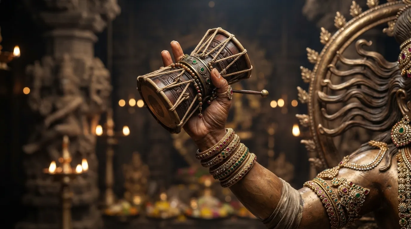 Close-up of Lord Nataraja's hand holding the sacred Damru drum radiating energy.