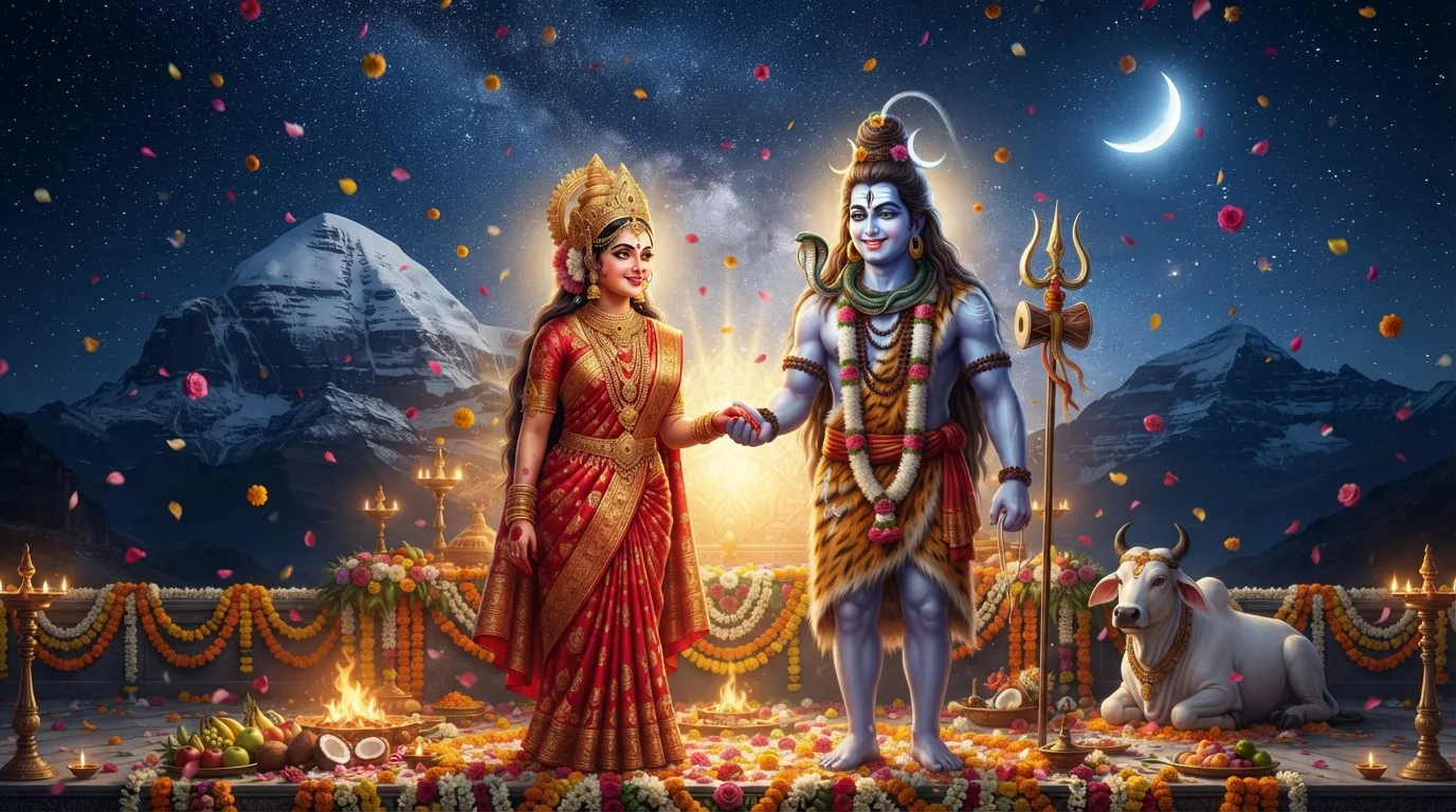 Lord Shiv and Goddess Parvati holding hands during their sacred wedding ceremony, surrounded by divine light.