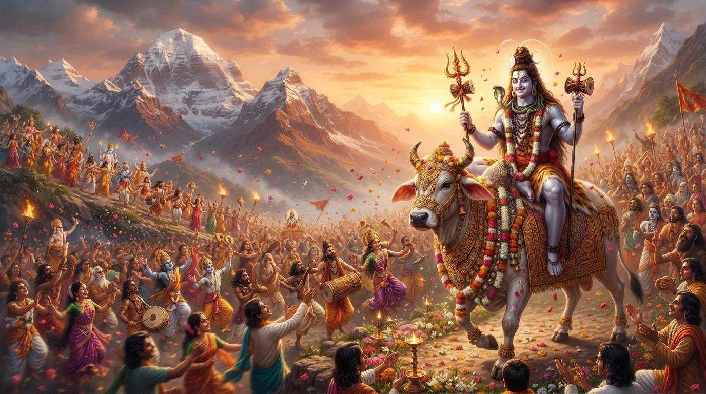 Lord Shiva, depicted with a gentle expression and dressed in traditional wedding attire, riding the divine bull Nandi towards the decorated wedding venue.