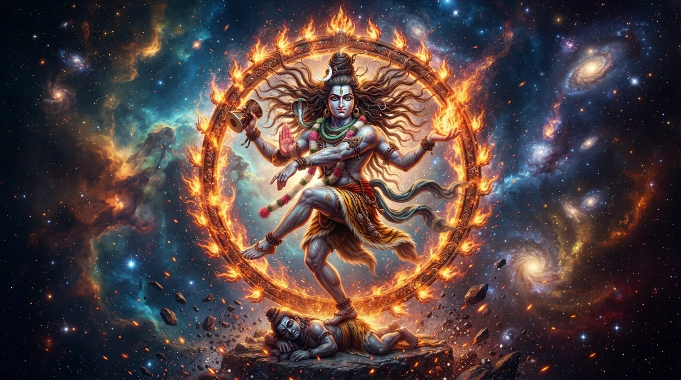 Mahadev performing the divine cosmic dance Nataraja Tandava in blazing fire background.