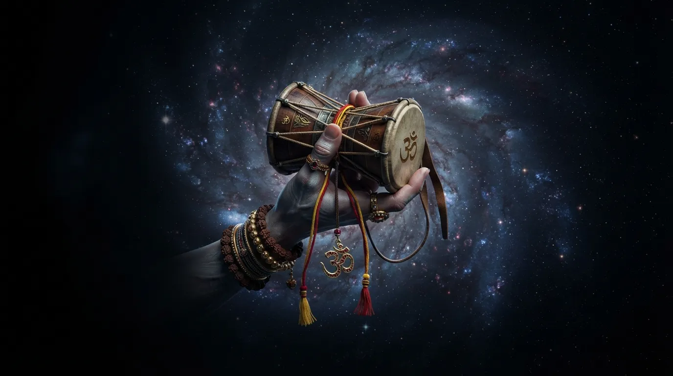 A close-up 3D rendering of Lord Shiva holding a Damru, symbolizing the primal sound of Om against a cosmic nebula background.