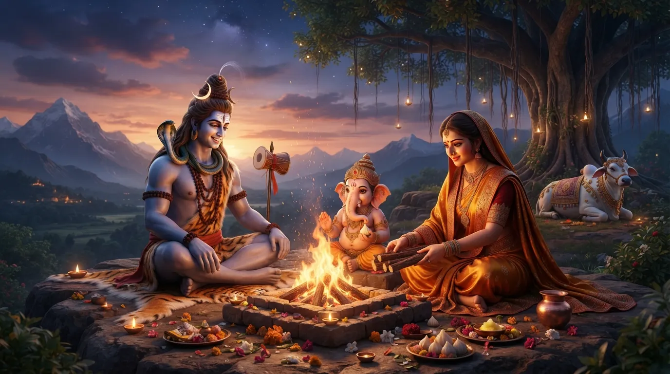 Ultra HD wallpaper of Lord Shiva family around a sacred fire during twilight.