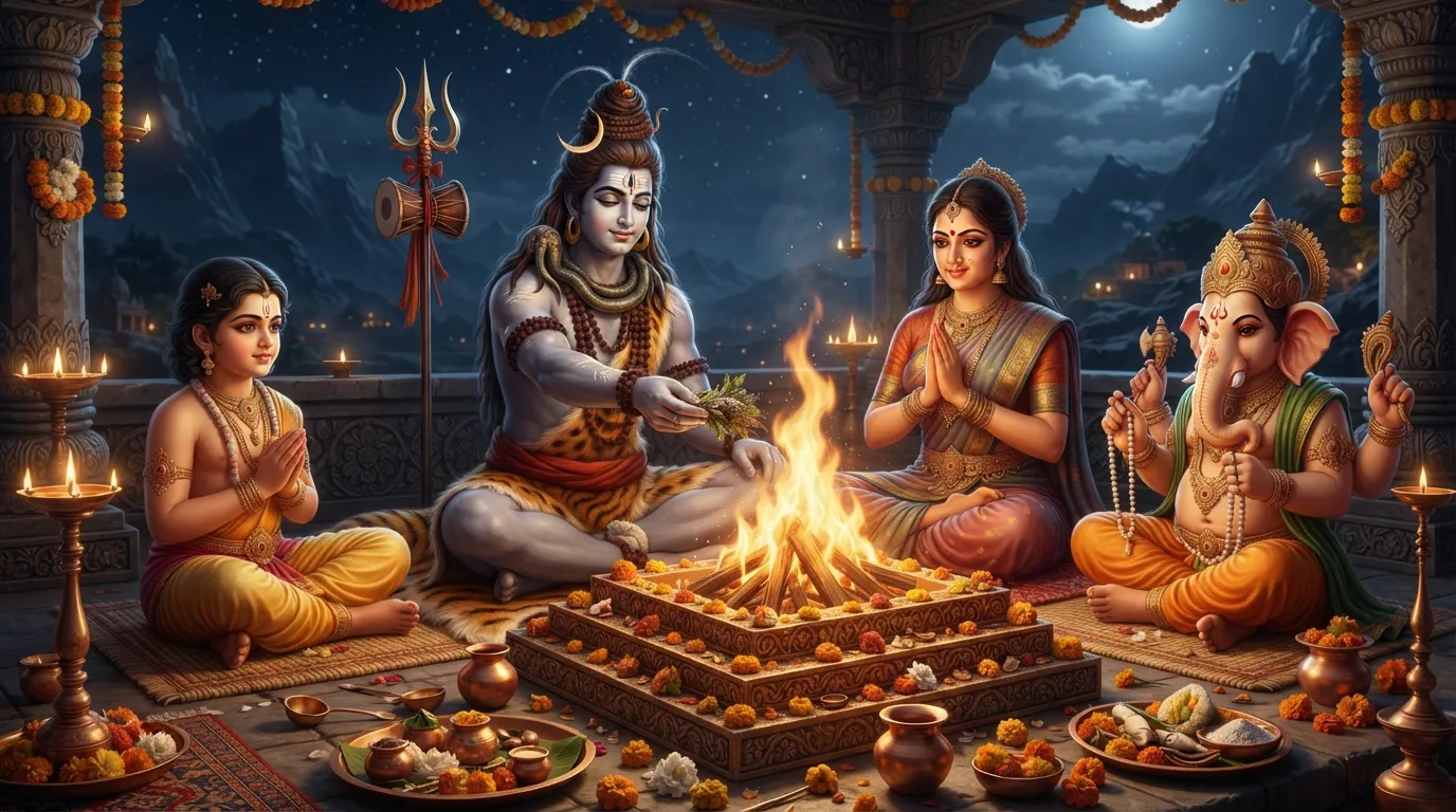 Shiva family performing a sacred Vedic ritual around a glowing fire altar.