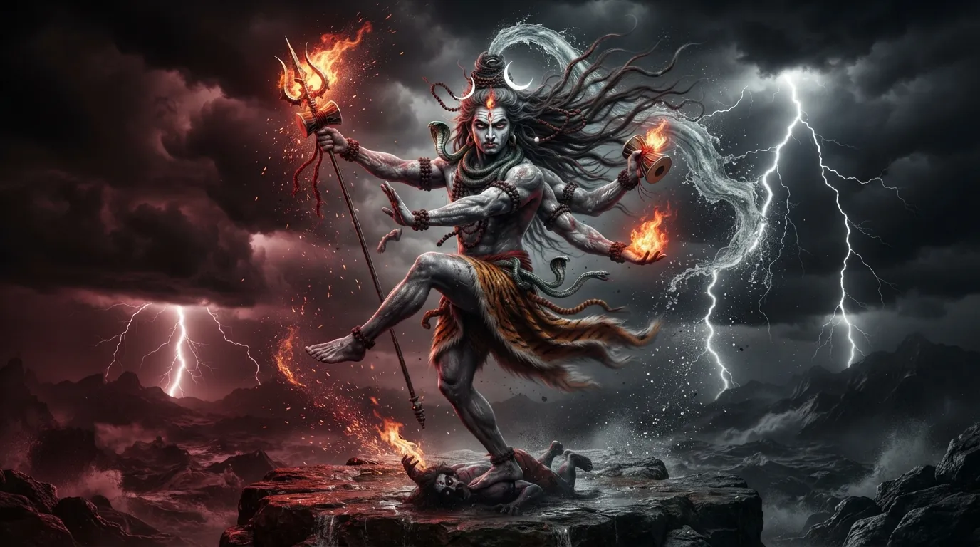 Powerful art of lord shiva performing the fierce rudra tandava dance of destruction