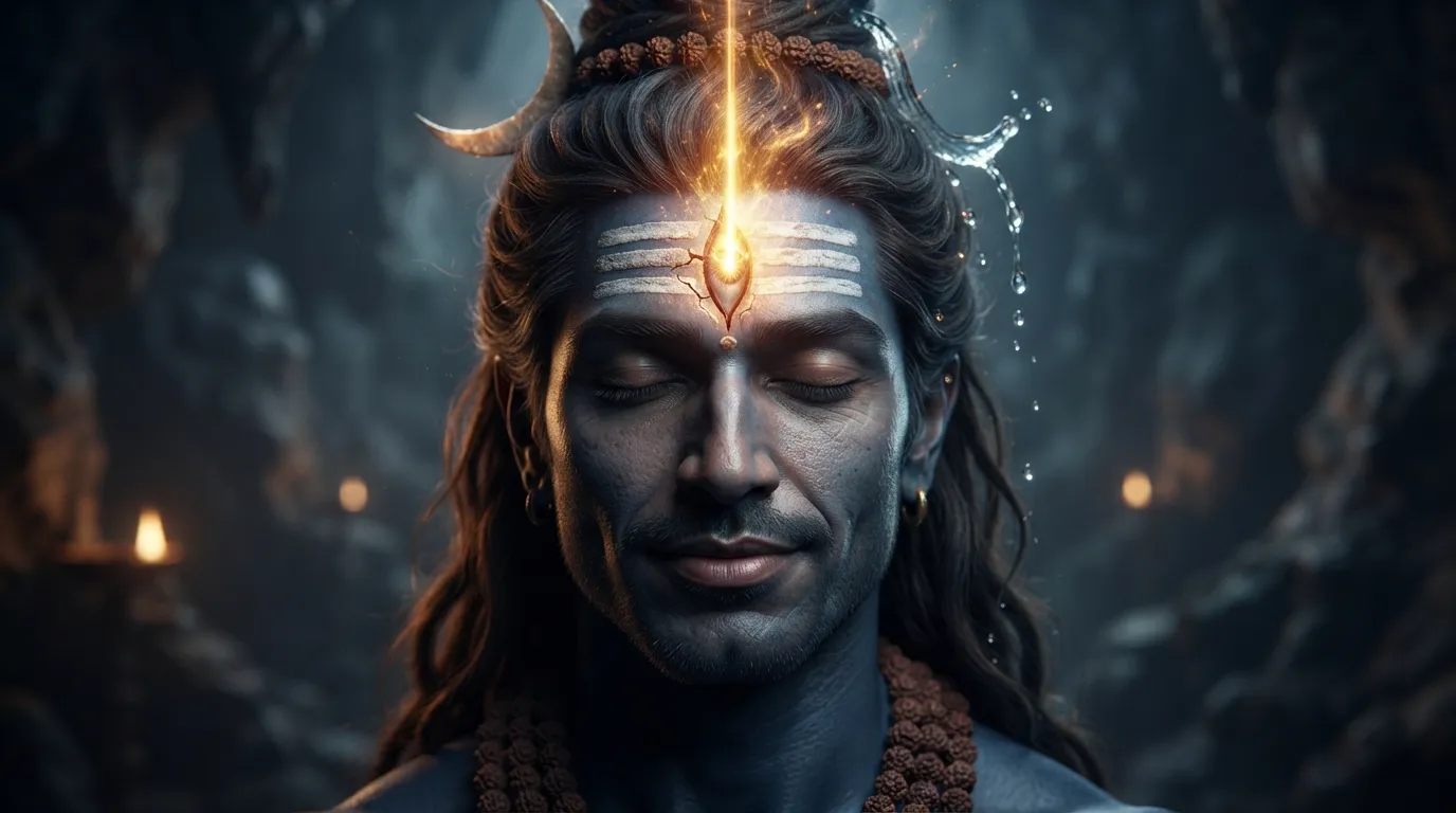 Close-up portrait of Lord Shiva with a glowing golden third eye, intense Mahadev wallpaper HD 4K phone screen.