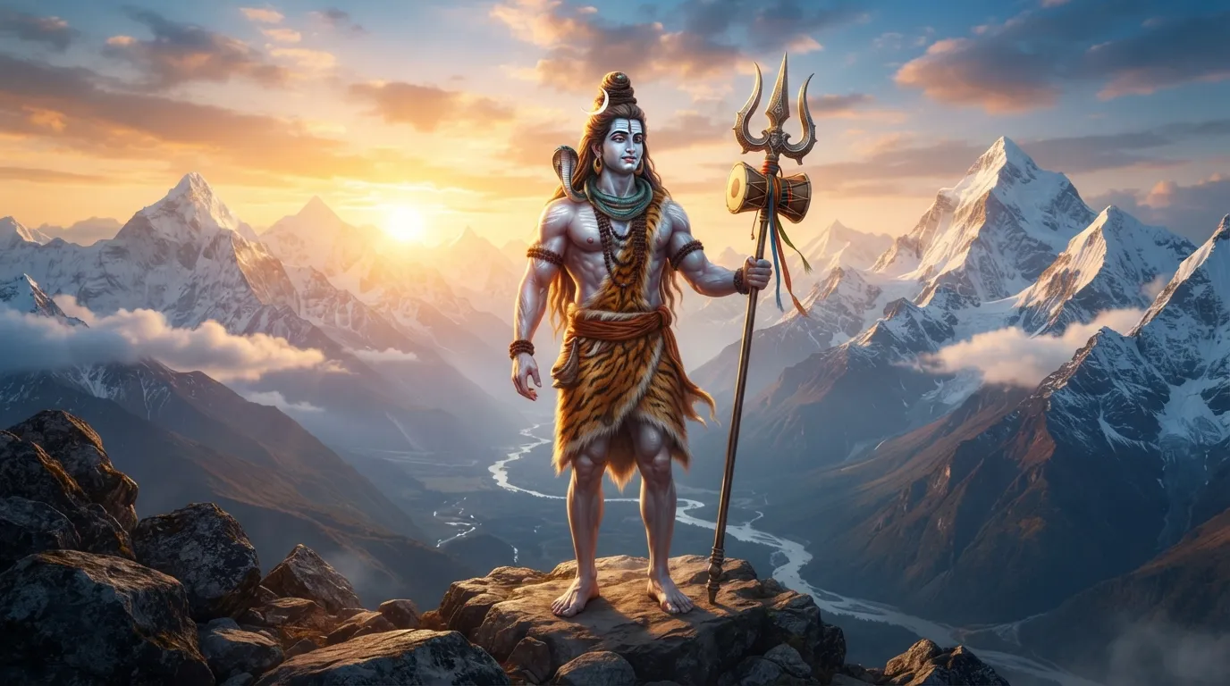 Bholenath ka photo hd quality mein Trishul aur Damru pakde hue mountain par