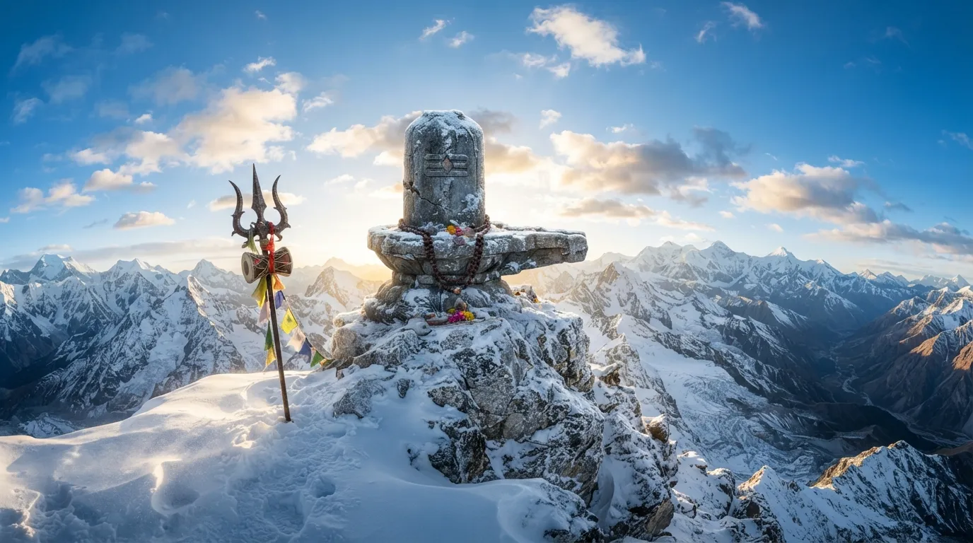 Full HD wallpaper of a giant stone shivling standing tall on snow-capped Mount Kailash Himalayan mountains.