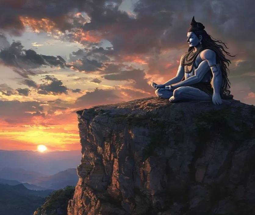 A dark silhouette of Lord Shiva meditating behind a glowing stone Shivling during a mountain sunset.