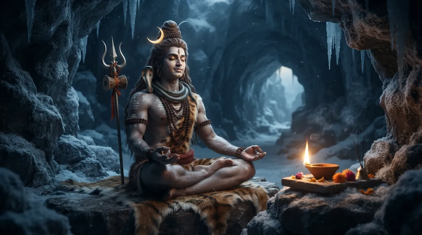Bholenath ka photo hd quality mein gufa ke andar dhyan lagate hue diya ke sath