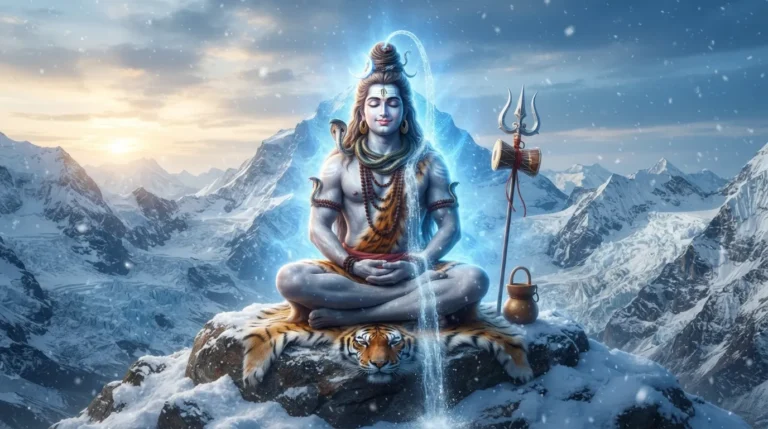 Lord Shiva meditating in the snow-covered Himalaya mountains Jai Bholenath photo