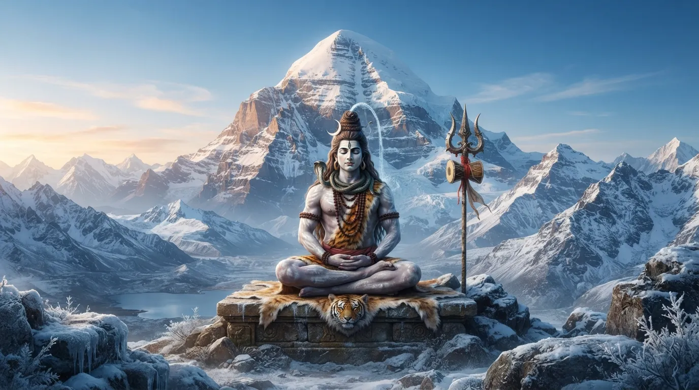 Lord Shiva sitting in deep meditation on the snow-capped peaks of Mount Kailash in a high-definition 3D rendering