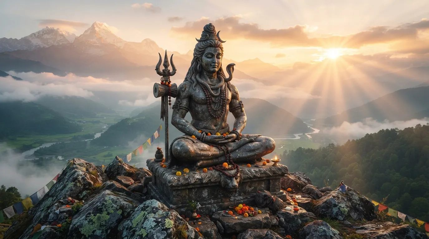 Meditating Lord Shiva statue in morning light for Saturday greetings