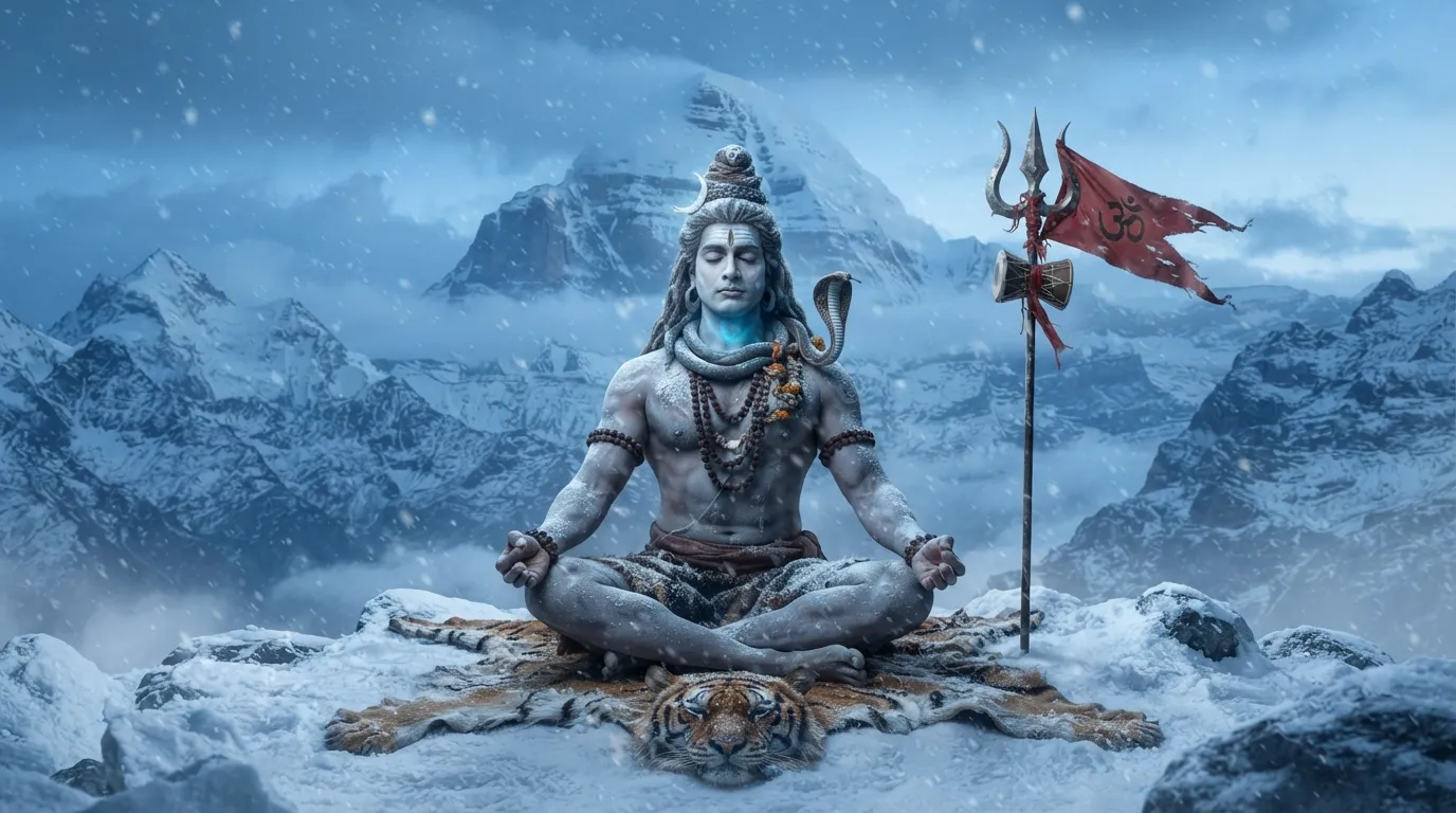 Unique Bholenath photo sitting peacefully on snow-covered Mount Kailash during a blizzard