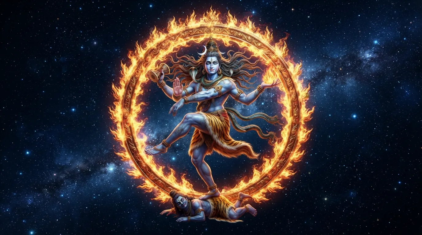 Lord Shiva performing the cosmic dance Nataraja inside a ring of fire against a starry galaxy background