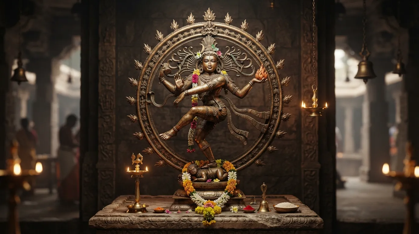 A traditional bronze sculpture of Lord Shiva in the Nataraja form, with a divine aura.
