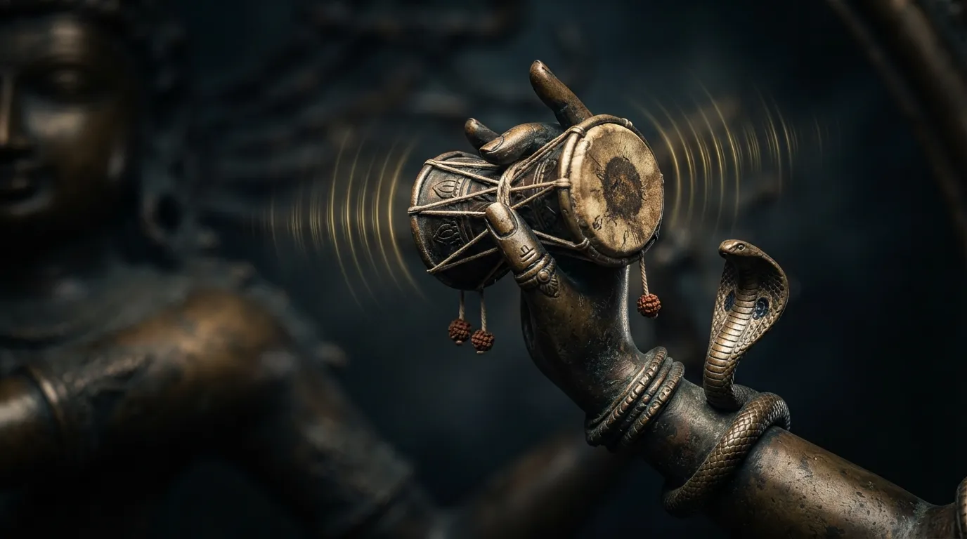 Close-up image of Nataraja's upper right hand holding a small hourglass-shaped damru drum radiating cosmic sound waves.