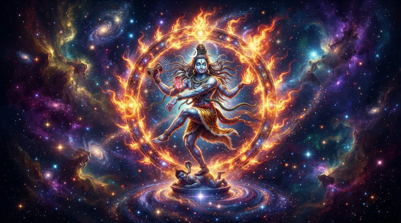 Majestic shiva nataraja images placed in a stone temple during sunset.