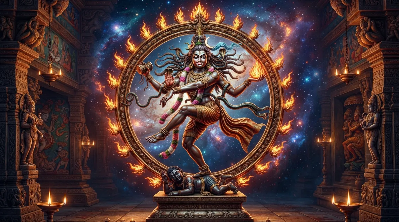 Intricate depiction of Lord Shiva as Nataraja performing the cosmic dance of Tandava in a ring of fire. 4k resolution wallpaper.