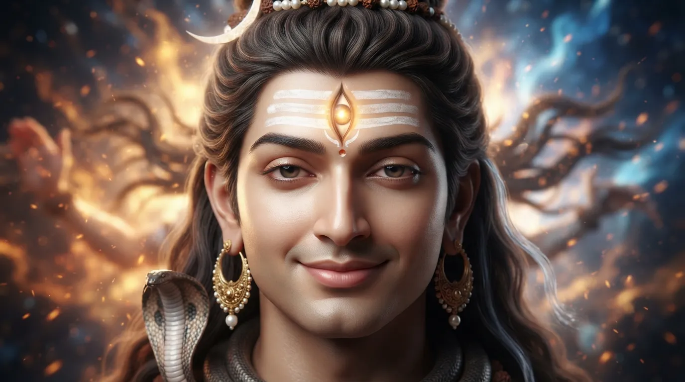 Extreme close-up of Nataraja's face showing a calm expression with the vertical third eye on his forehead.