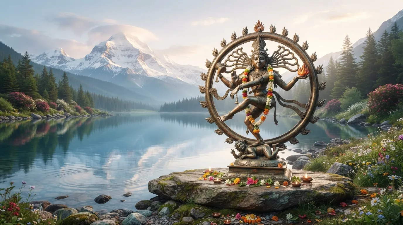 An image of Lord Shiva Nataraja, set against a backdrop of a tranquil landscape.