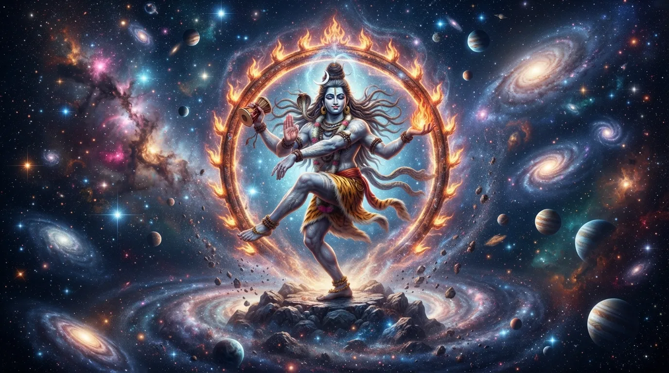 An image of Lord Shiva Nataraja, set against a backdrop of the cosmos, with stars and planets.