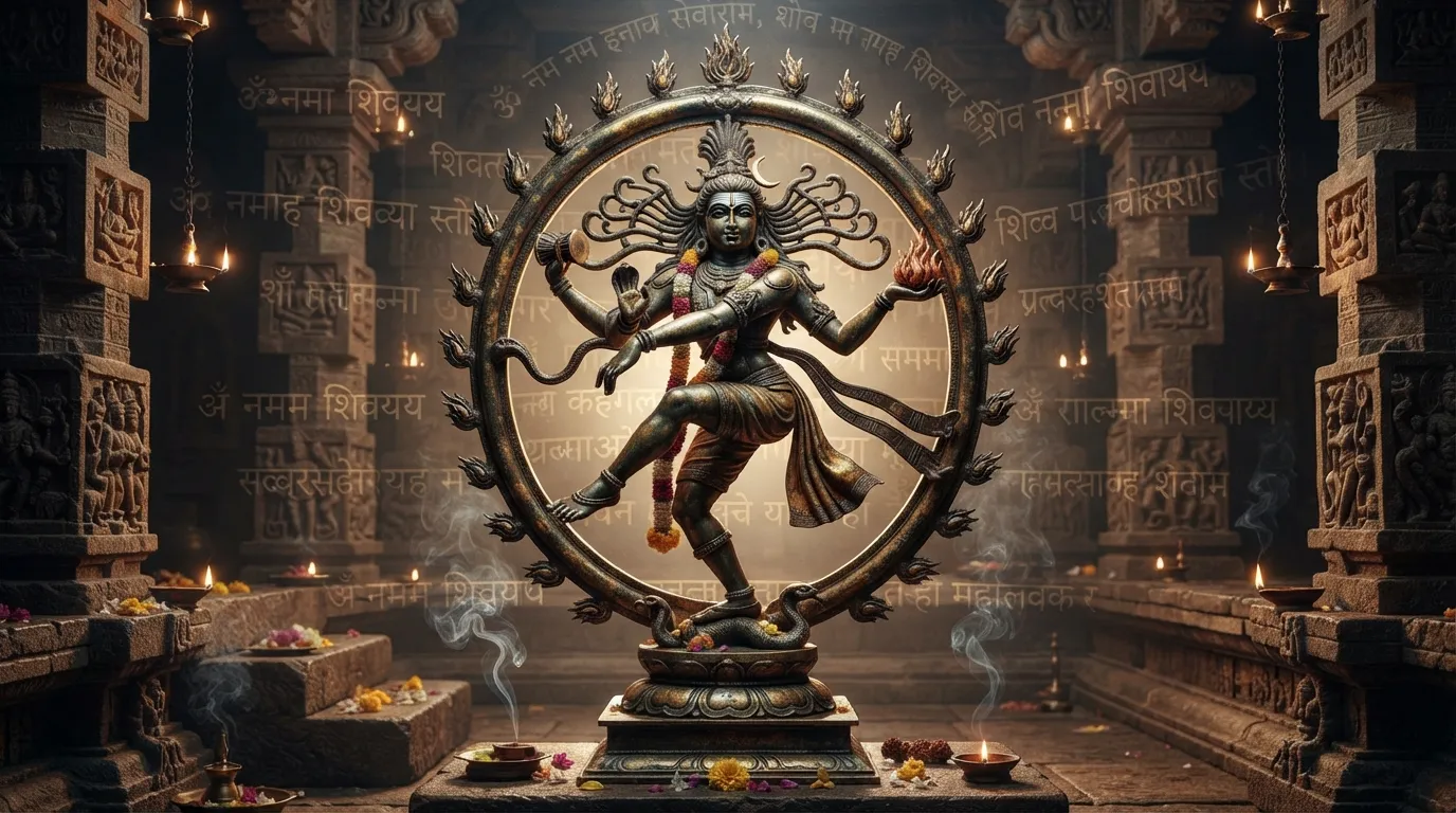 An image of Lord Shiva Nataraja, with mantras and chants subtly layered in the background.