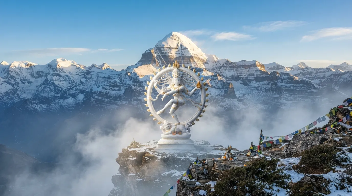 Stone Nataraja statue with the majestic snow covered Himalayan mountains in background