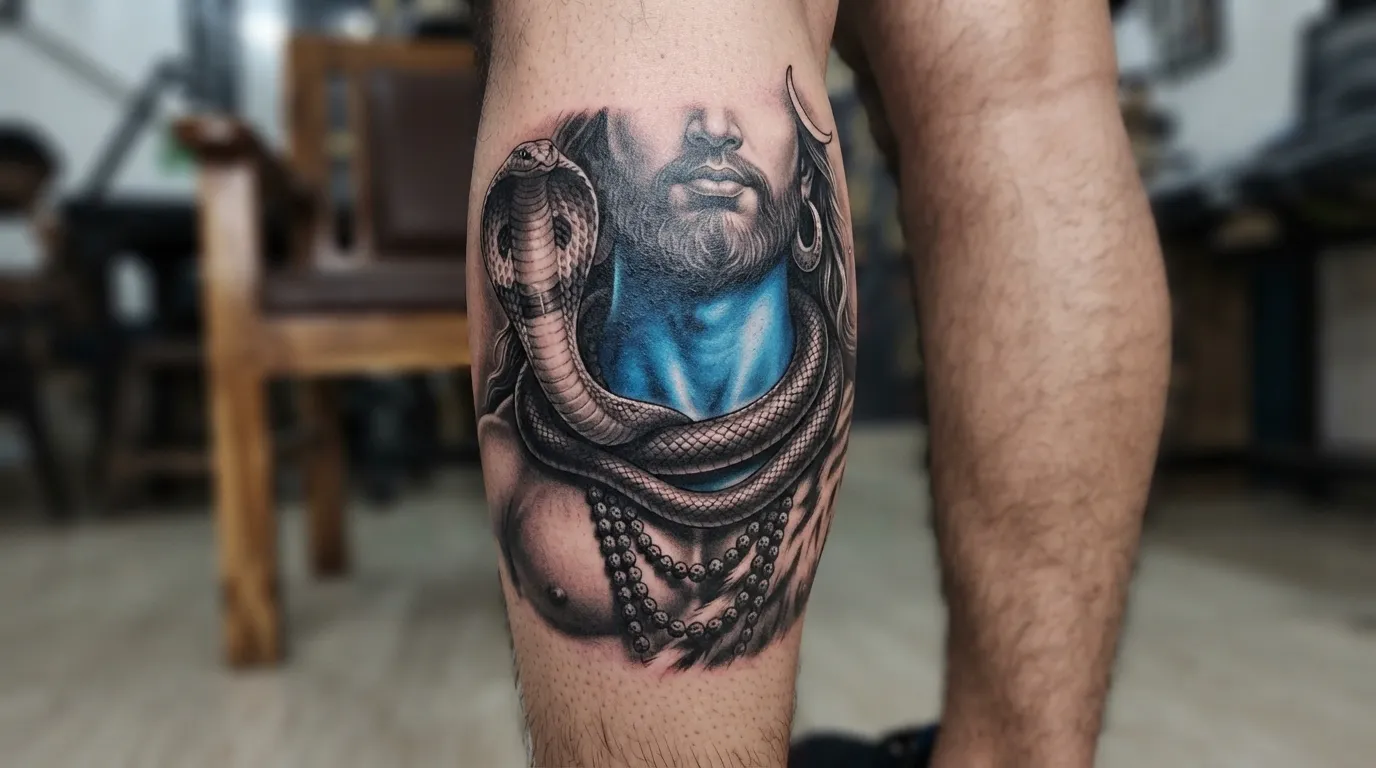 Blue throat Neelkanth bholenath tattoo photo on arm