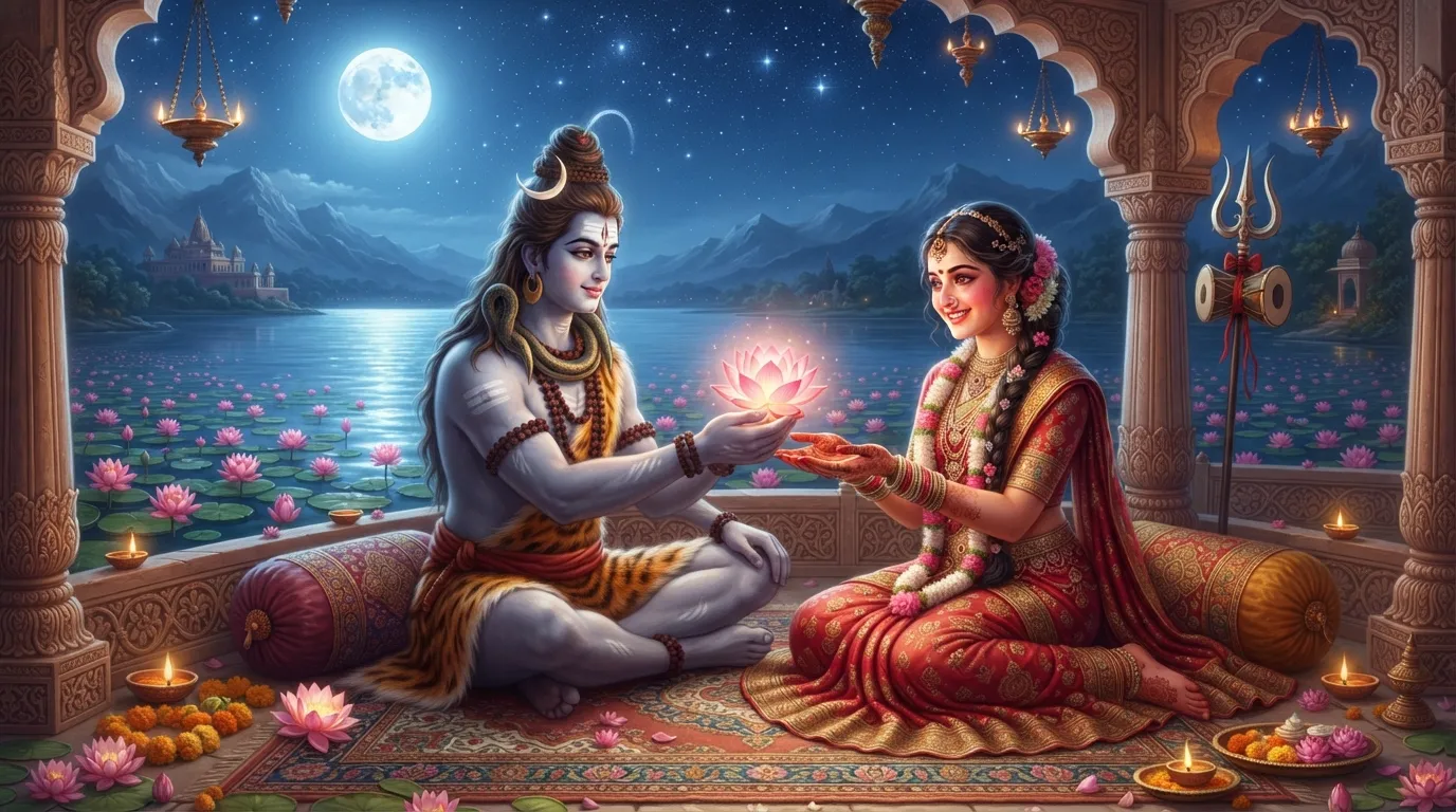 Shiv Parvati images love showing Lord Shiva gifting a flower to Parvati.