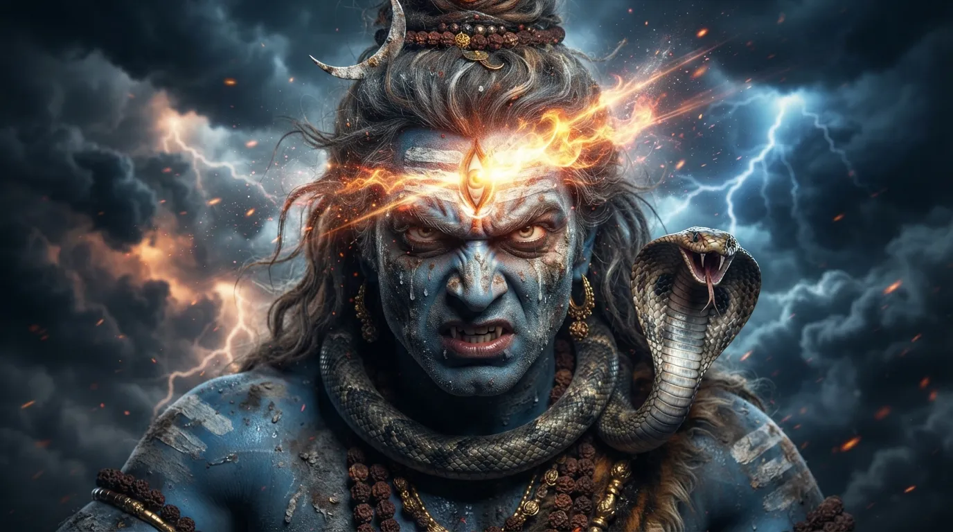 Angry Lord Shiva opening his powerful third eye with intense divine energy, mahadev wallpaper hd 4k for pc.