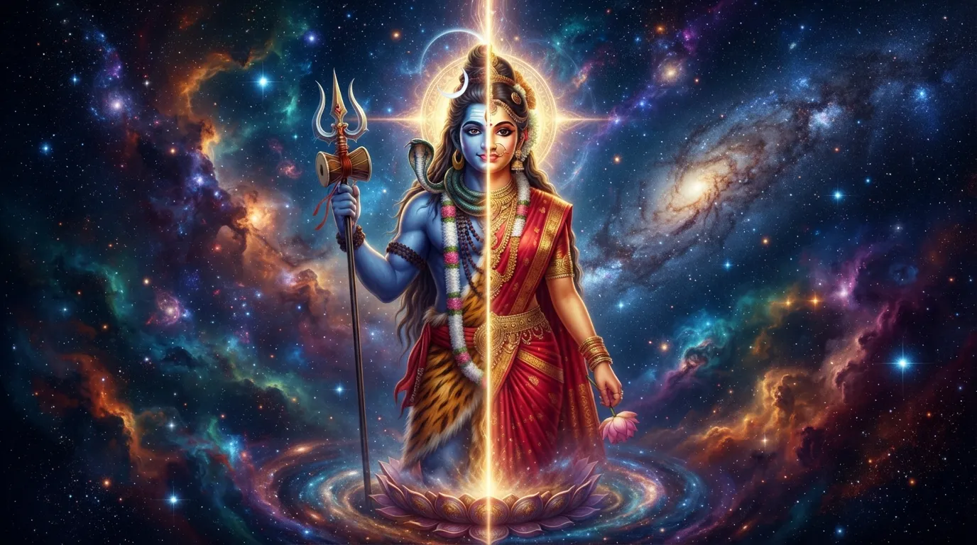 The composite form of Ardhanarishvara, showing the union of Shiva and Parvati in one body.