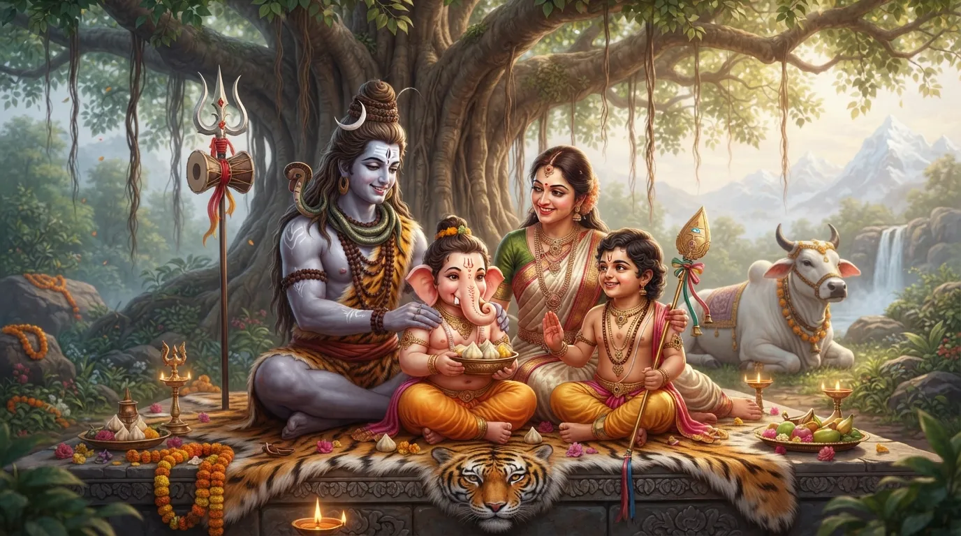 Shiv Parivar featuring Lord Shiva, Goddess Parvati, Lord Ganesha, and Lord Kartikeya sitting together happily.