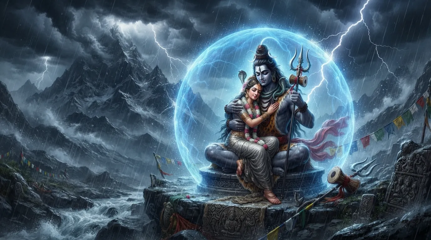 Lord Shiva creating a protective shield for Parvati in Sawan storm