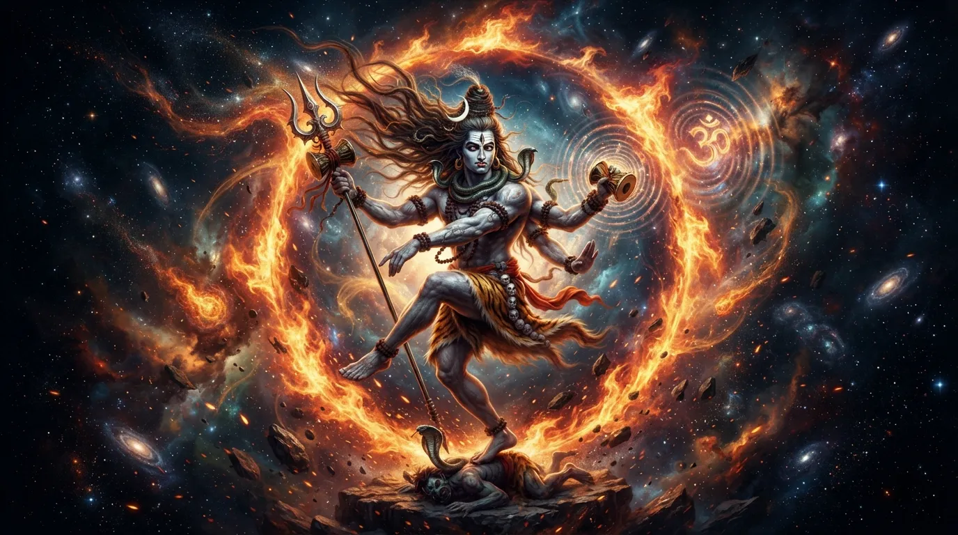 Mahadev performing the fierce cosmic dance Rudra Tandava with fire effects, mahadev wallpaper hd 4k for pc.