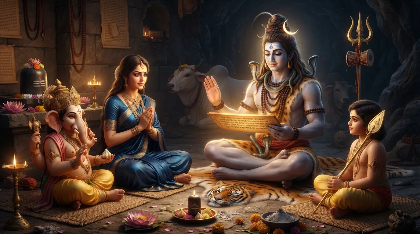 Lord Shiva holding an ancient script and explaining sacred Vedic wisdom to his family