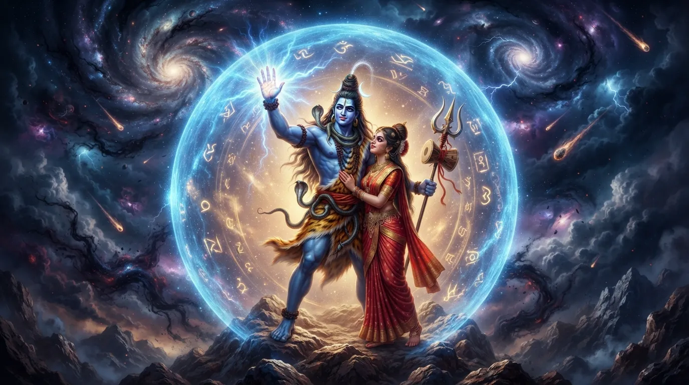 Protective Shiv Parvati images love depicting care and strength during a cosmic storm.