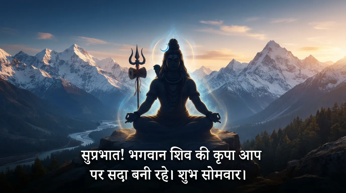 Divine image of Lord Shiva with Shubh Somwar Hindi morning greeting.