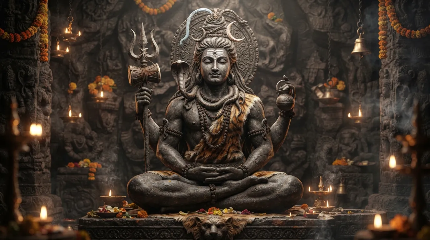 A powerful 3D statue-style rendering of Lord Shiva highlighting his third eye, crescent moon, and calm expression