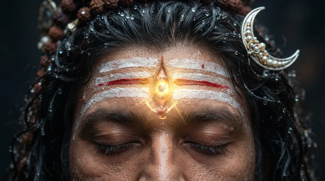 Close up HD wallpaper of Lord Shiv Bholenath glowing third eye with Tripundra ash