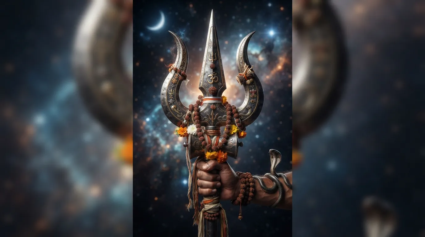 Detailed 3D rendering of Lord Shiva's Trishul symbolizing the three Gunas: Sattva, Rajas, and Tamas