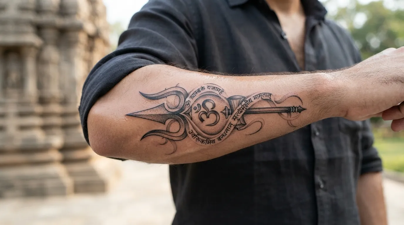Mahadev Trishul with Om calligraphy bholenath tattoo photo