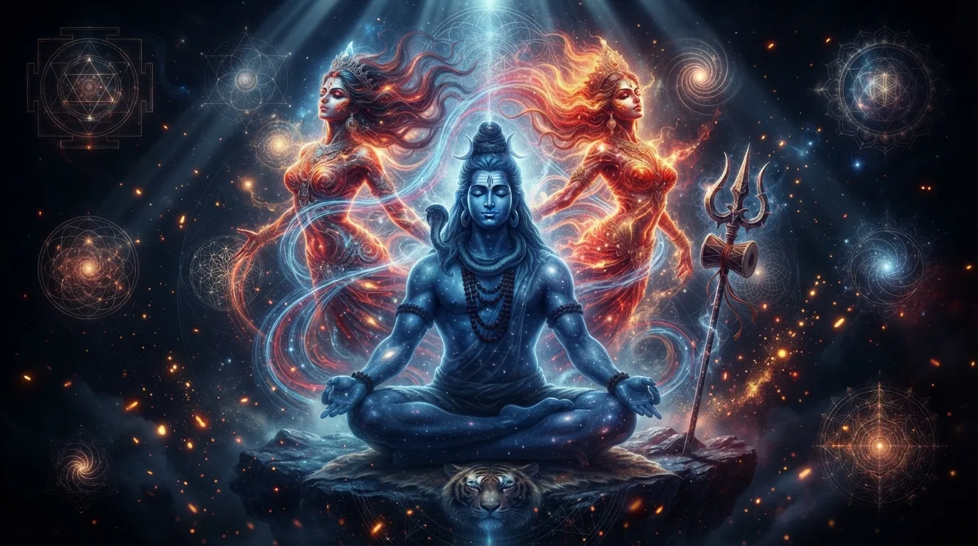The powerful energy of Shiva and Goddess Parvati as Adi Shakti with glowing cosmic elements.