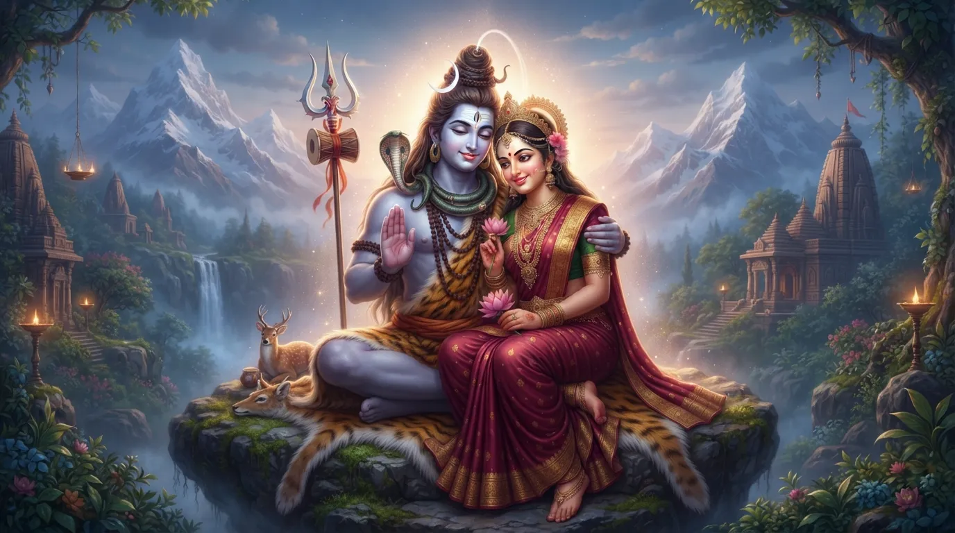 A high-definition 3D portrait of Lord Shiva and Goddess Parvati radiating compassion and divine harmony