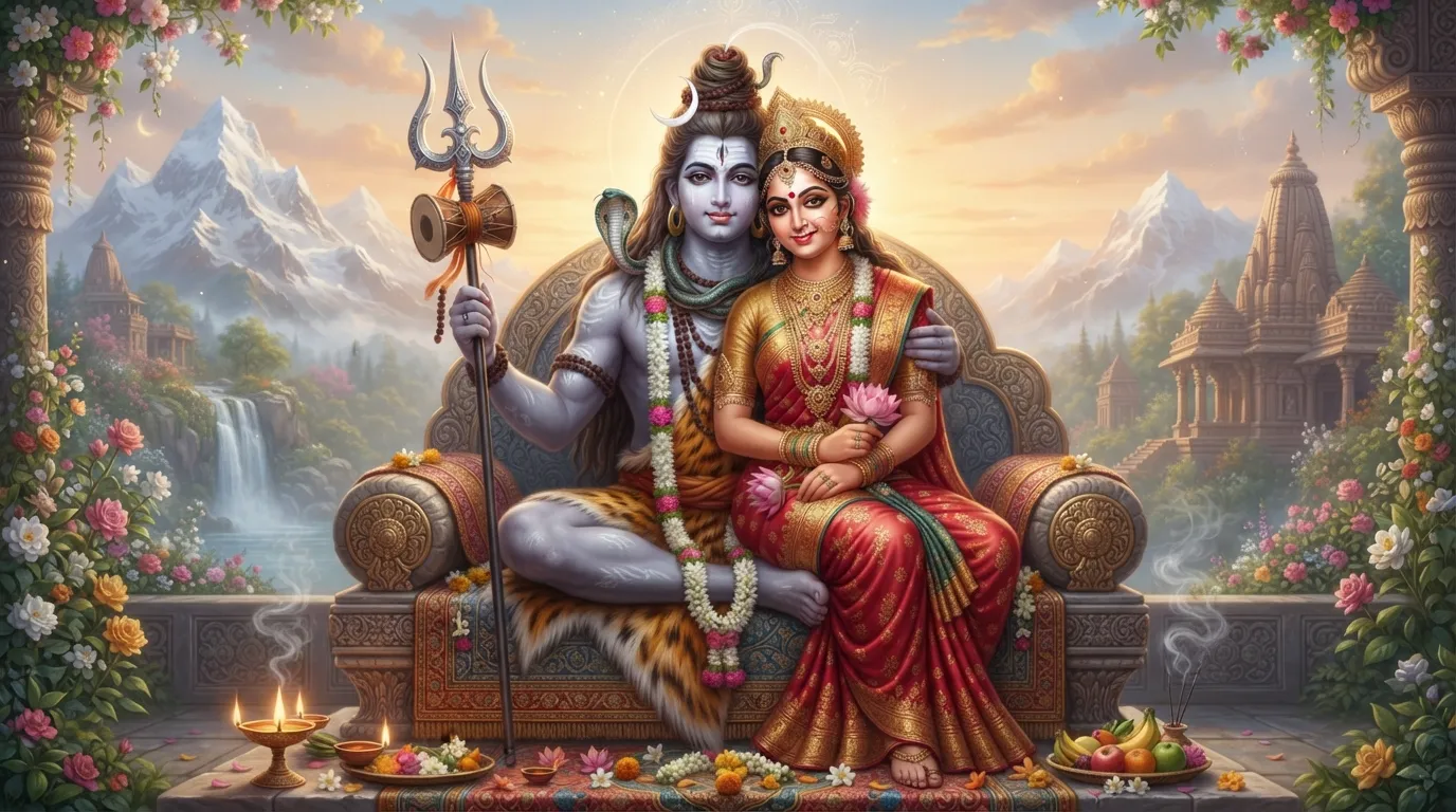 A high-definition 3D rendering of the divine union of Lord Shiva and Goddess Parvati, symbolizing cosmic balance and harmony.