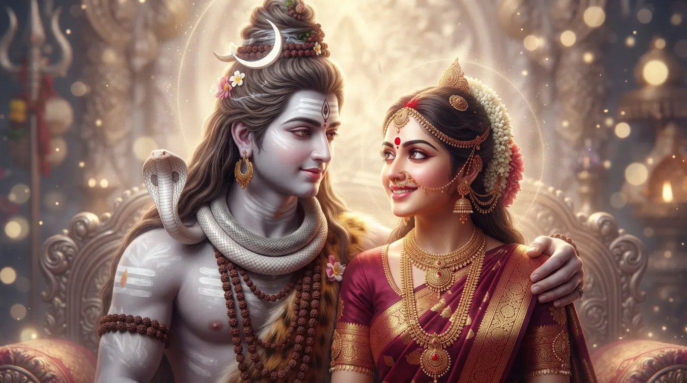 Lord Shiva and Goddess Parvati looking at each other with calm smiles in a divine setting