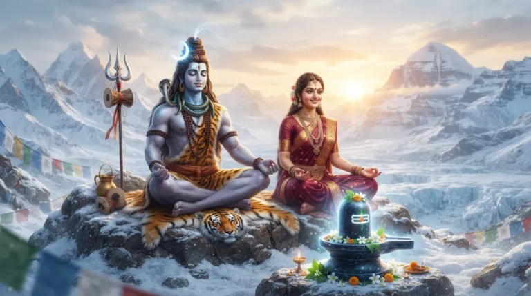 Lord Shiv Parvati with Shivling image in a peaceful meditation posture on snow-covered Mount Kailash.