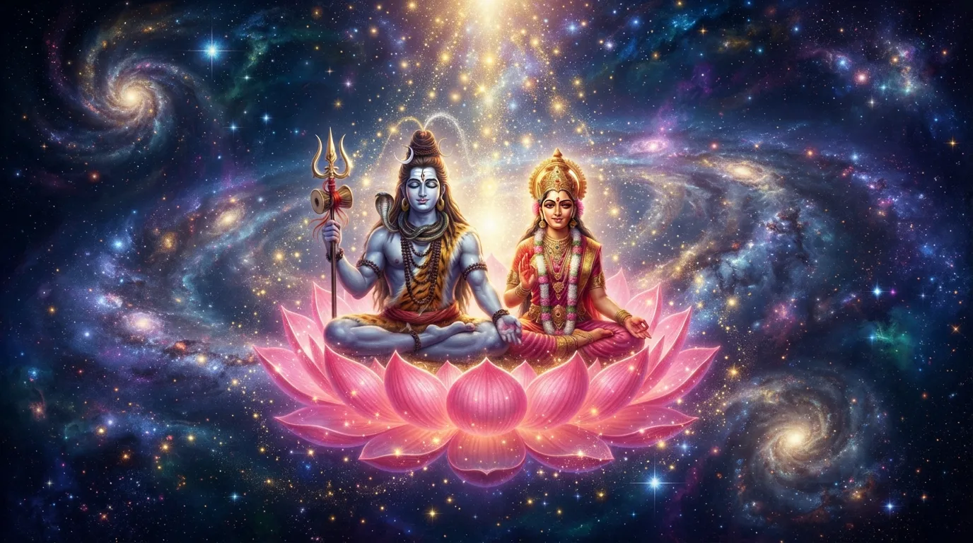 Lord Shiva and Goddess Parvati meditating together on a glowing pink lotus floating in a galaxy filled with stars.