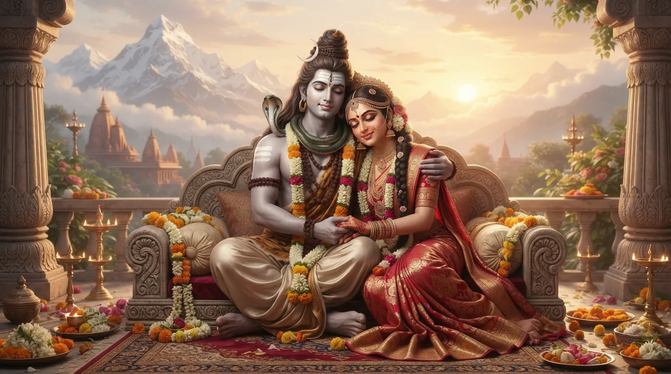 A serene and beautiful composition showing Lord Shiva and Goddess Parvati in an affectionate pose, symbolizing love and harmony after their wedding.