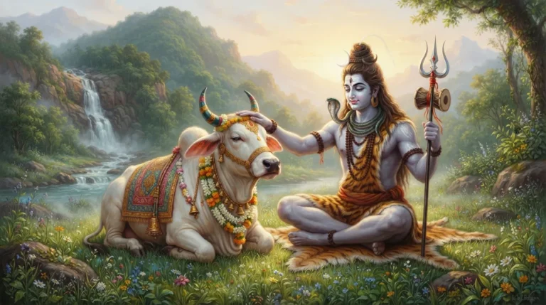 Peaceful Lord Shiv Bholenath sitting next to His loyal mount Nandi the white bull