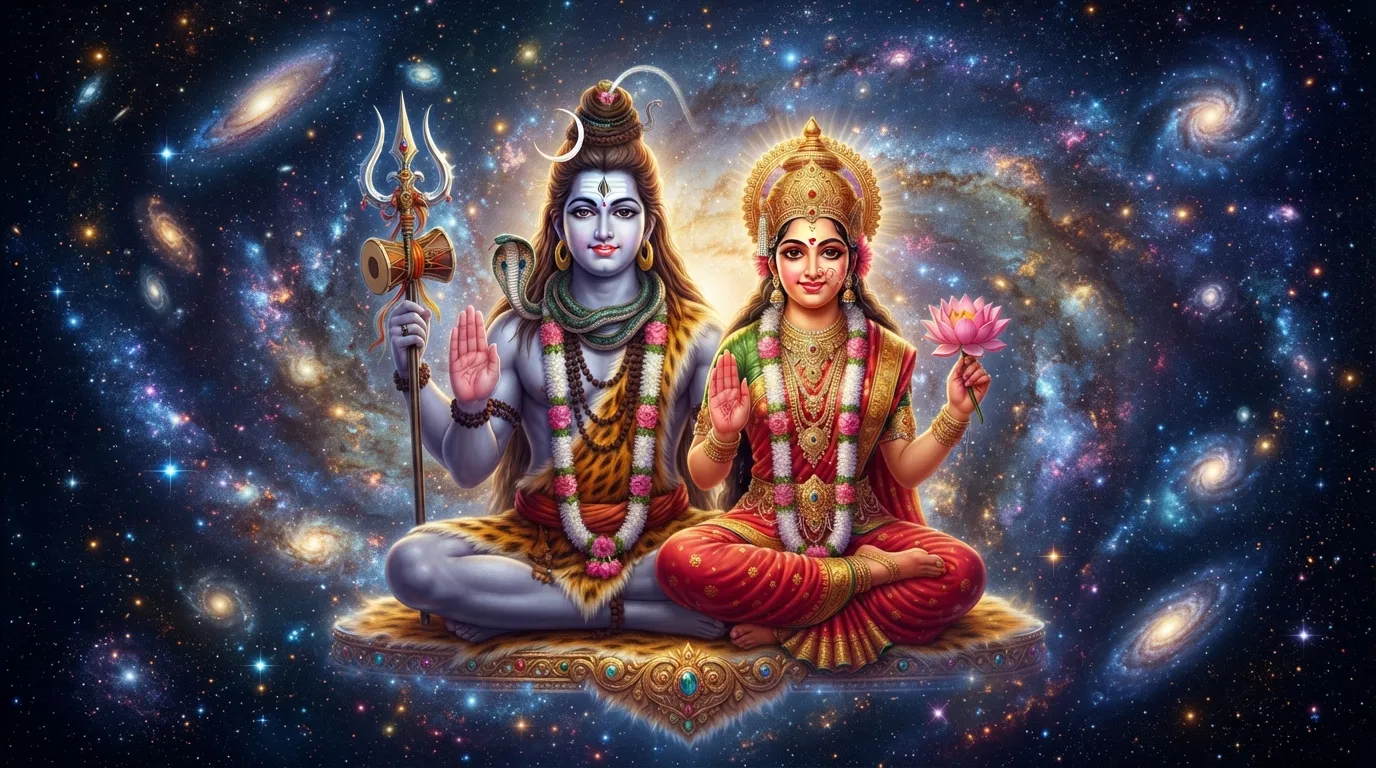 Shiva and Parvati with raised hands giving blessings to devotees against a cosmic background